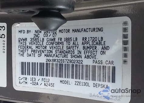 2007 Toyota Corolla S from USA, damaged, VIN 1NXBR32E67Z902322